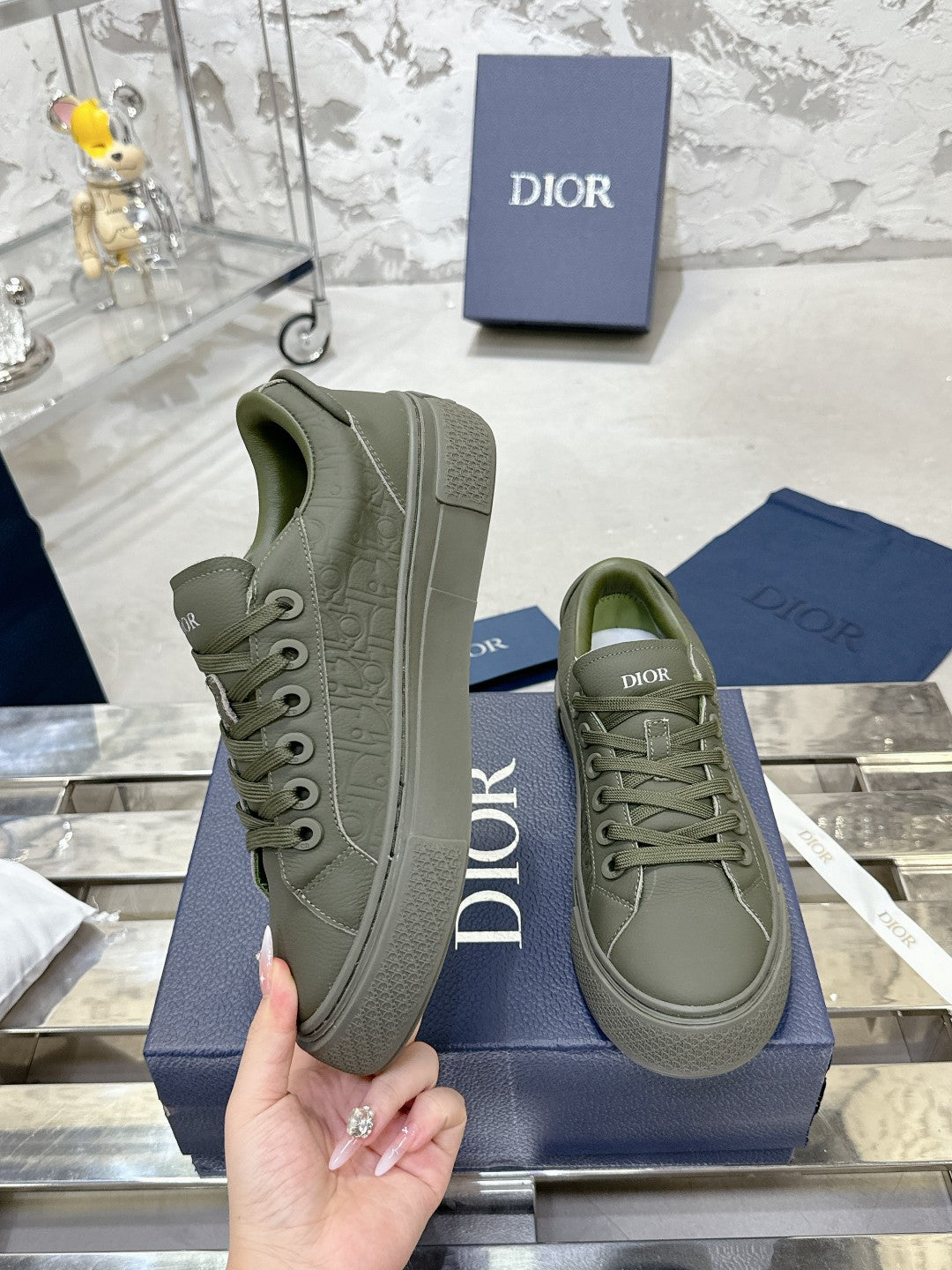CD B33 Sneaker 30mm In Grey Green Monogram Calfskin 100556