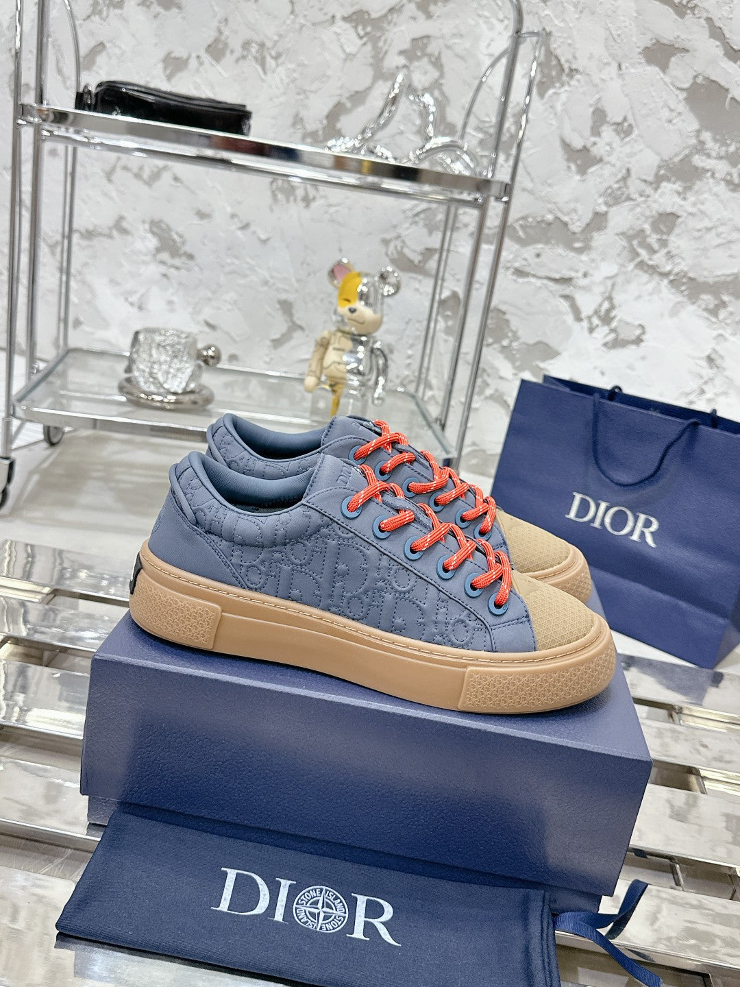 CD B33 Sneaker 40mm In King Blue Mix Brown Monogram Satin Embroidery Fabric 103992