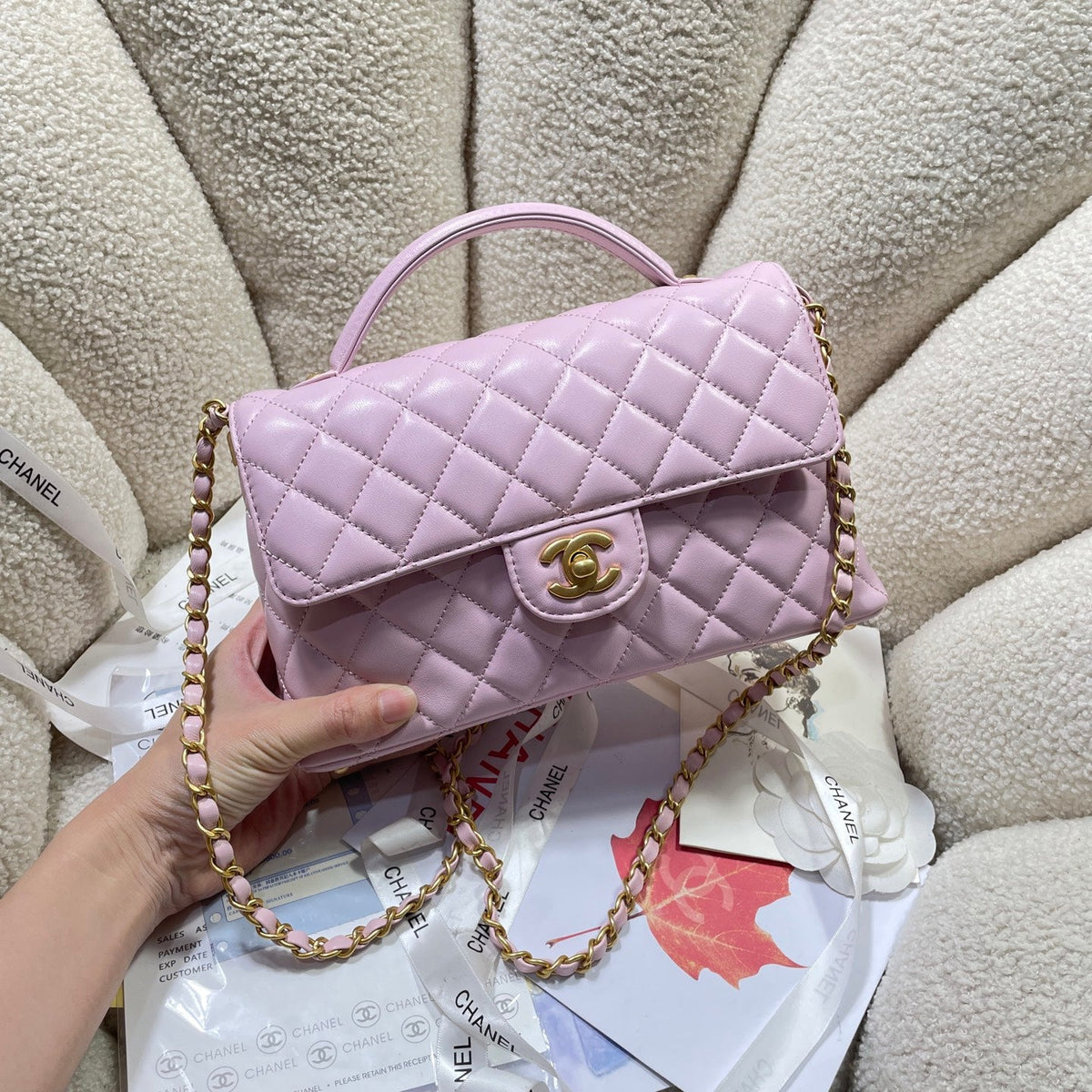 CC 25P Medium Flap Bag 25cm Top Handle Pink Calfskin Gold Hardware