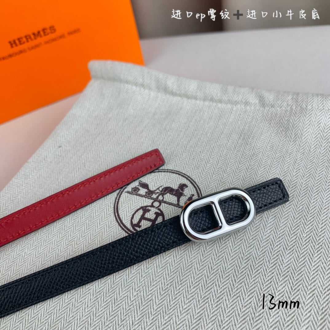 HM MAILLON H BELT BUCKLE & REVERSIBLE BLACK LEATHER STRAP 13 MM SILVER HARDWARE
