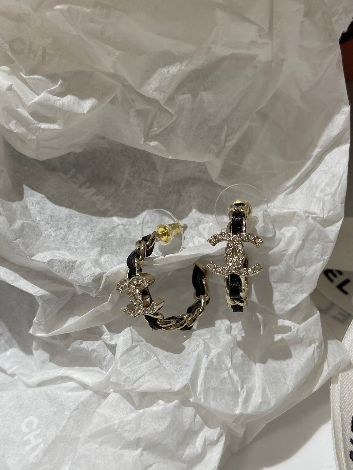 CC Half Circle Gold Black Leather Earrings