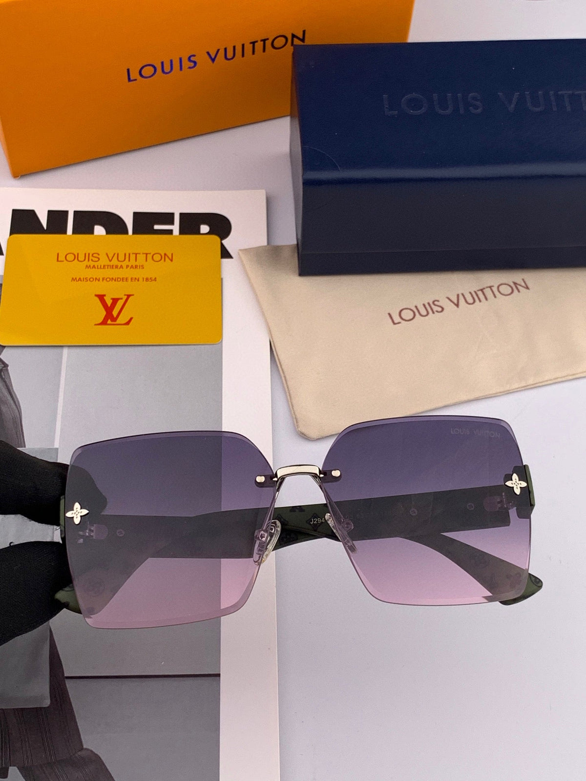 SQUARE SUNGLASSES L1294 IN GREEN ACETATE PURPLE LENSES