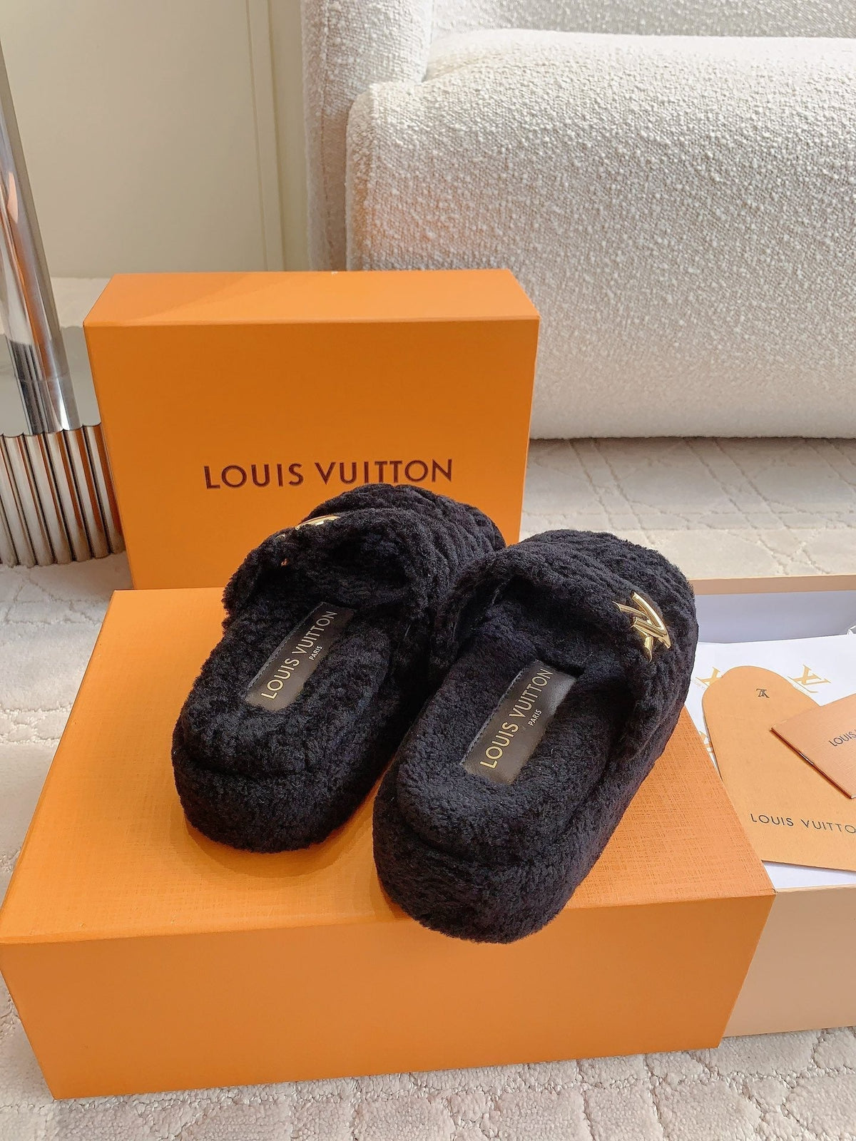 LV Sunset Platform Comfort Mule Black Gray Wool