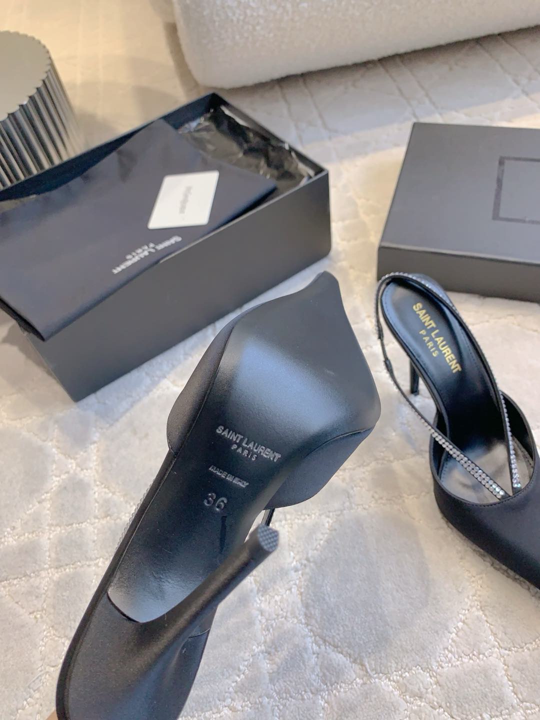 AMANDA SLINGBACK PUMPS IN BLACK SILK WITH RHINESTONES