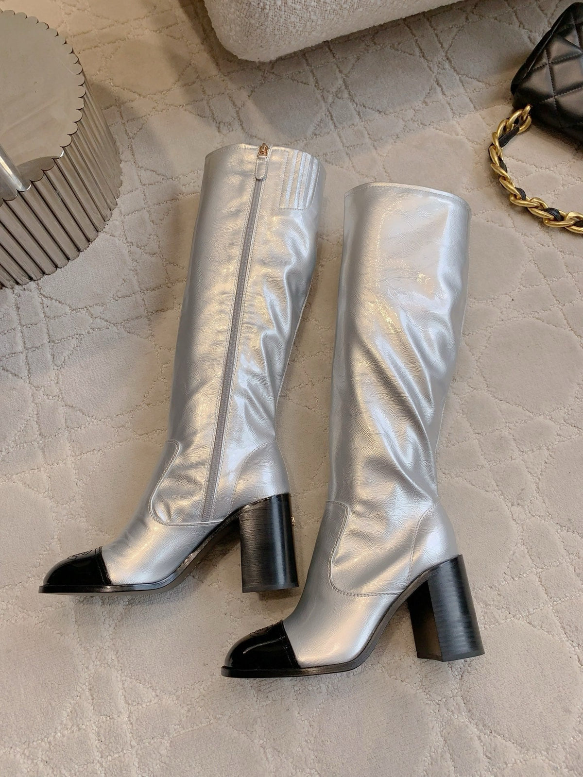 CC 25 Heeled Long Boot Silver mix Black Patent Leather 516680