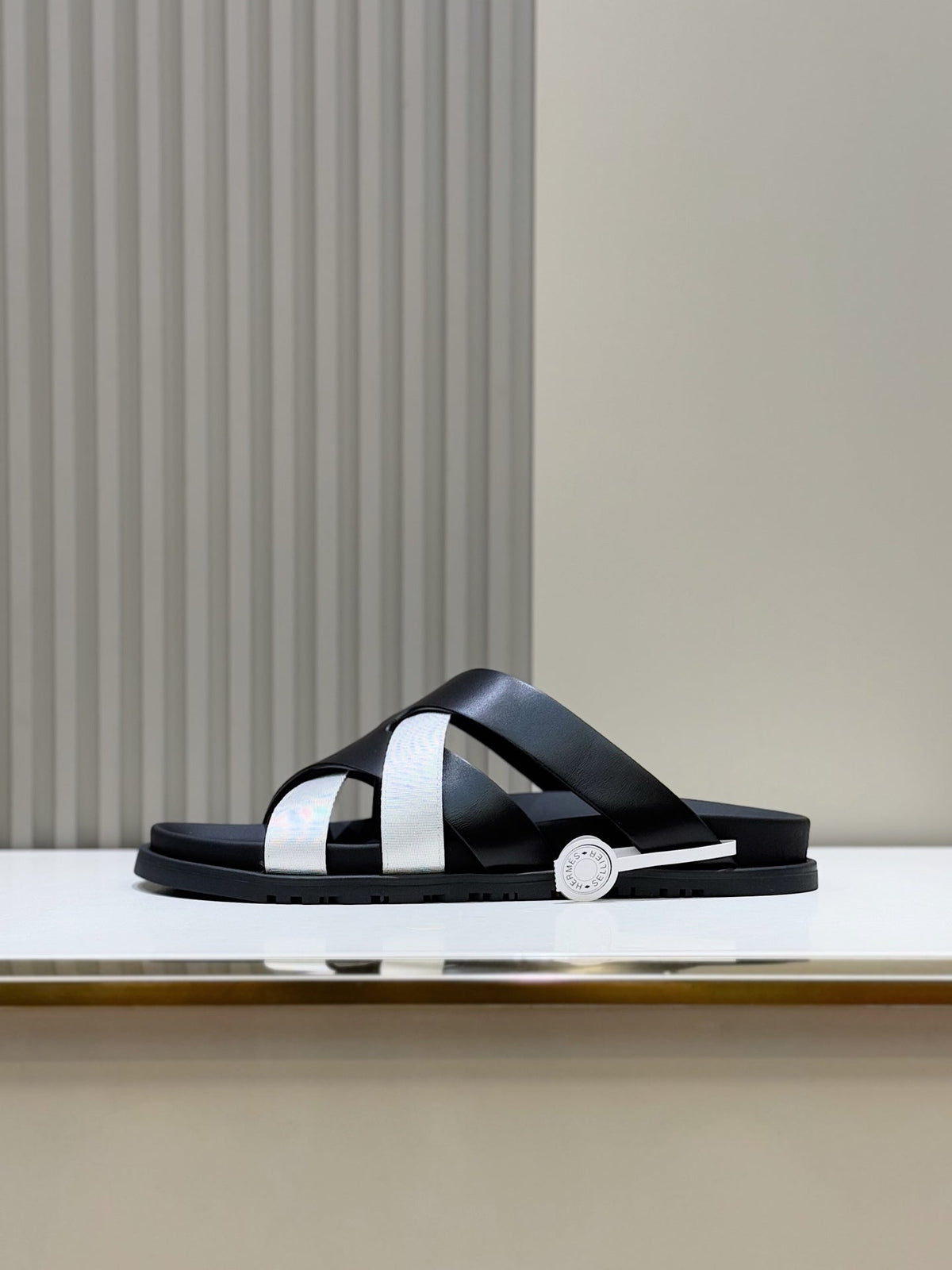 HM Men's Kazimir Slide Black Silver Calfskin 562771