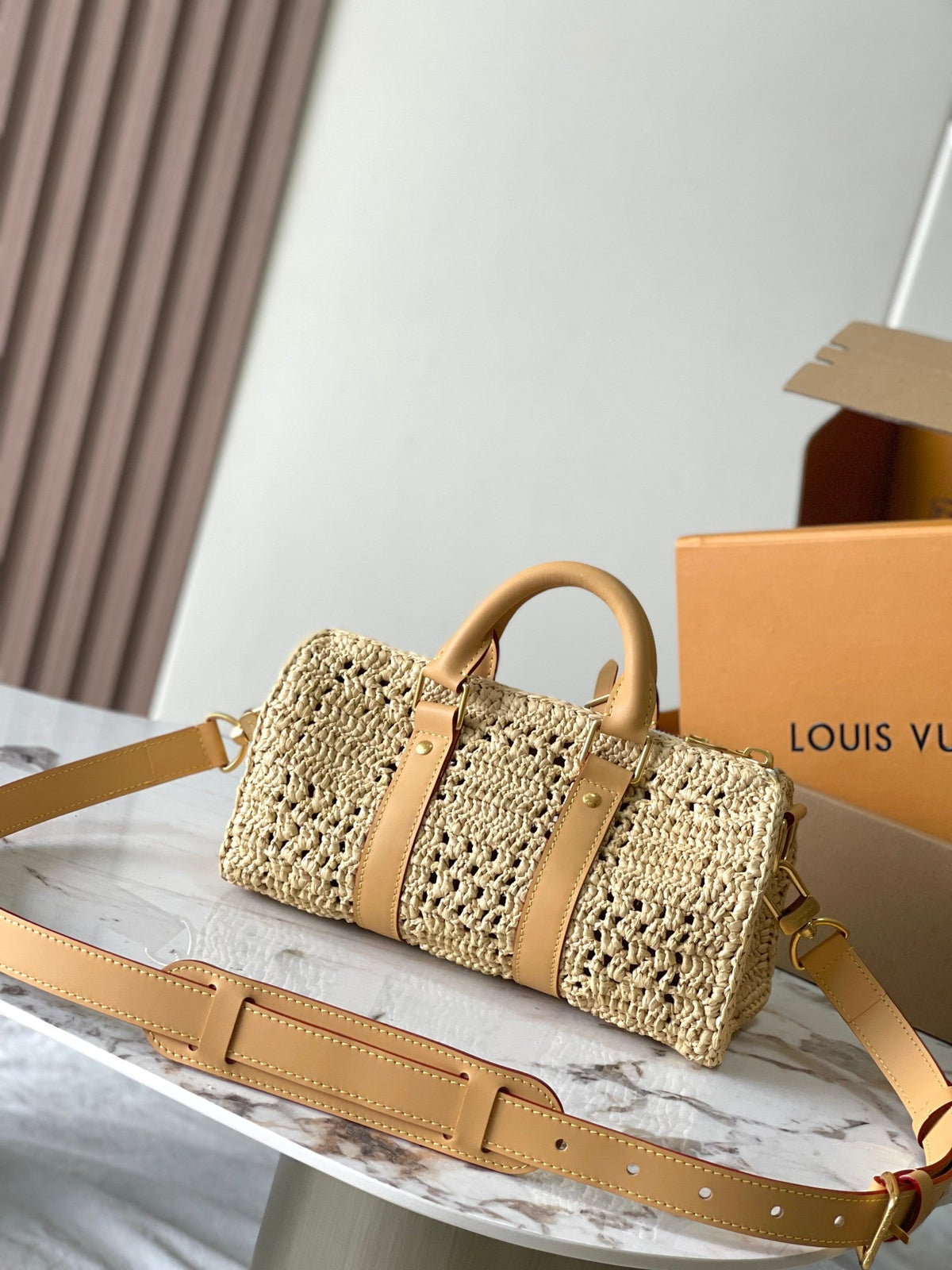 keepall bandouliere 25cm beige raffia tan calfskin