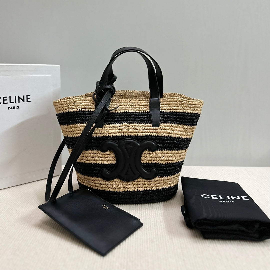 Celine Teen Supple Classic Panier 22cm Black Calfskin Black Beige Raffia