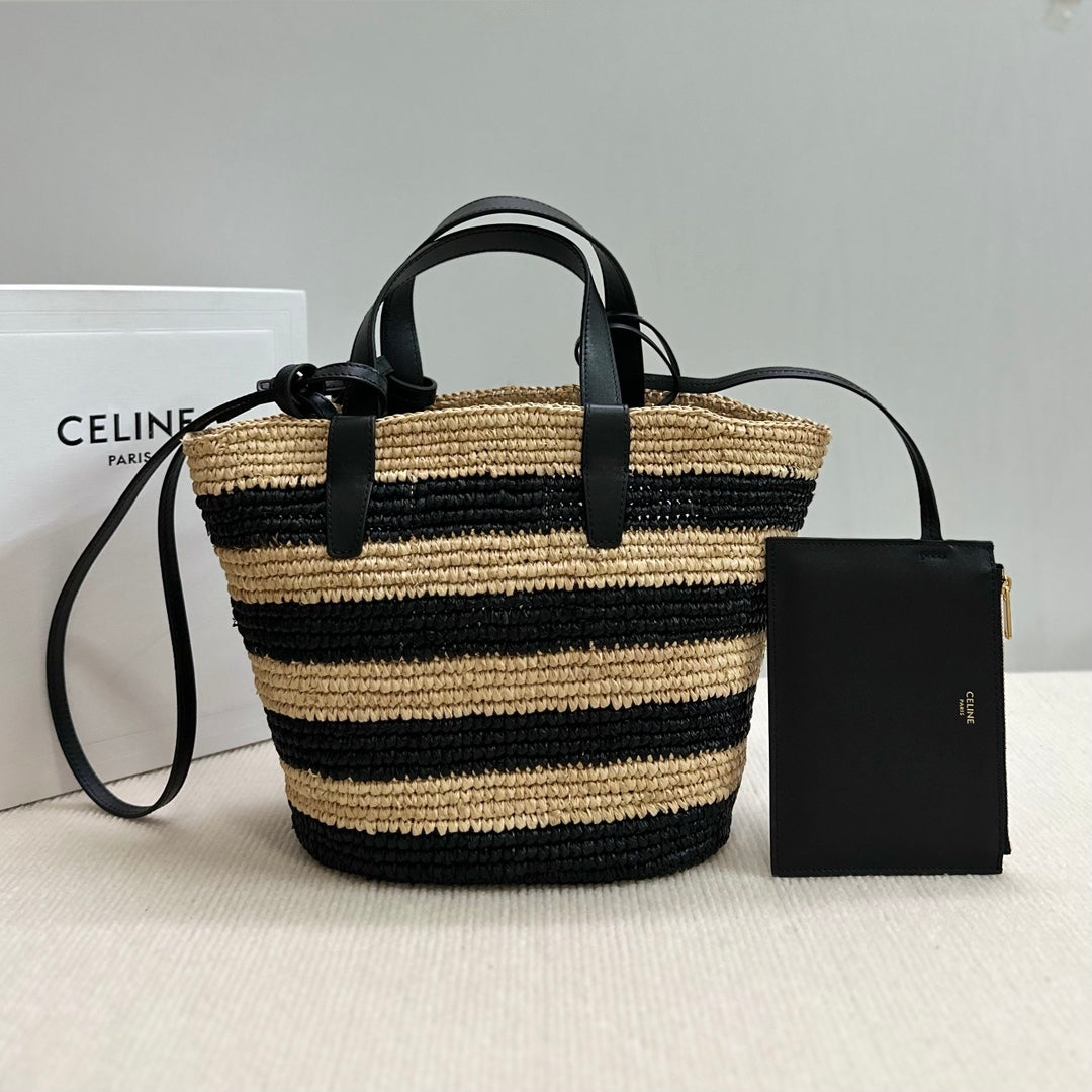 Celine Teen Supple Classic Panier 22cm Black Calfskin Black Beige Raffia