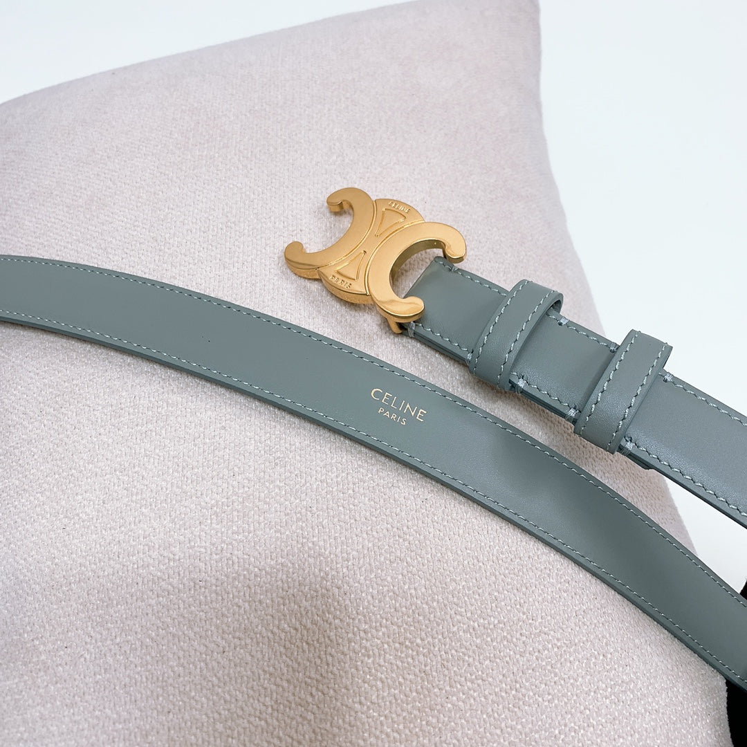 CL MEDIUM 25 MM TRIOMPHE BELT IN GRAY GREEN LEATHER GOLD HARDWARE
