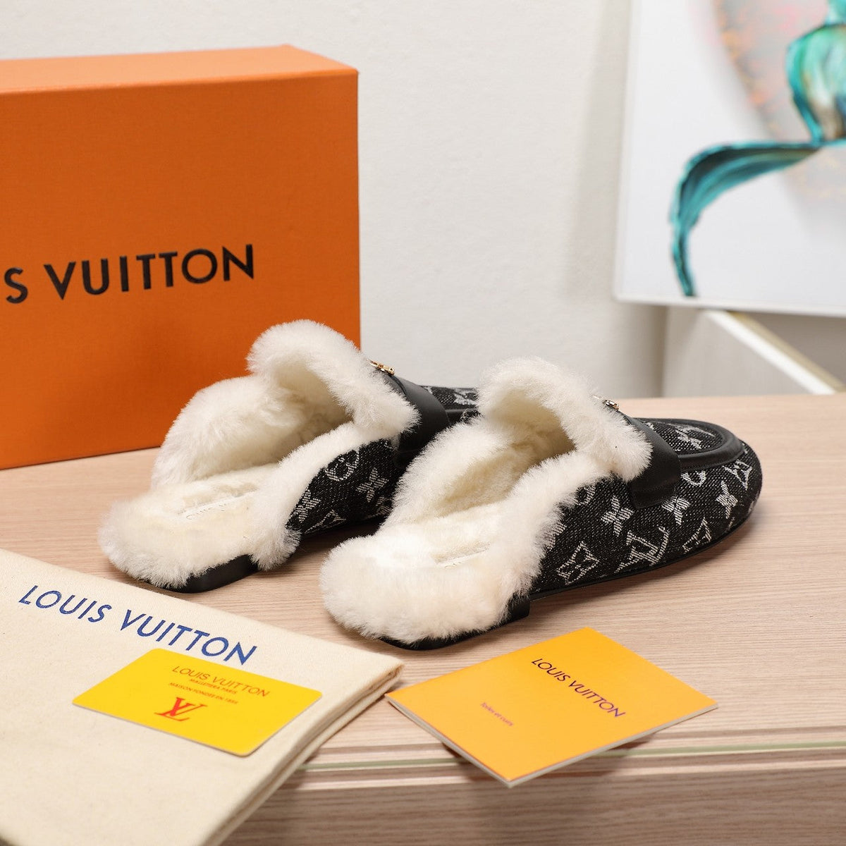 LV 25C Flat Mule Black Monogram Denim Fabric With white fleece 218299