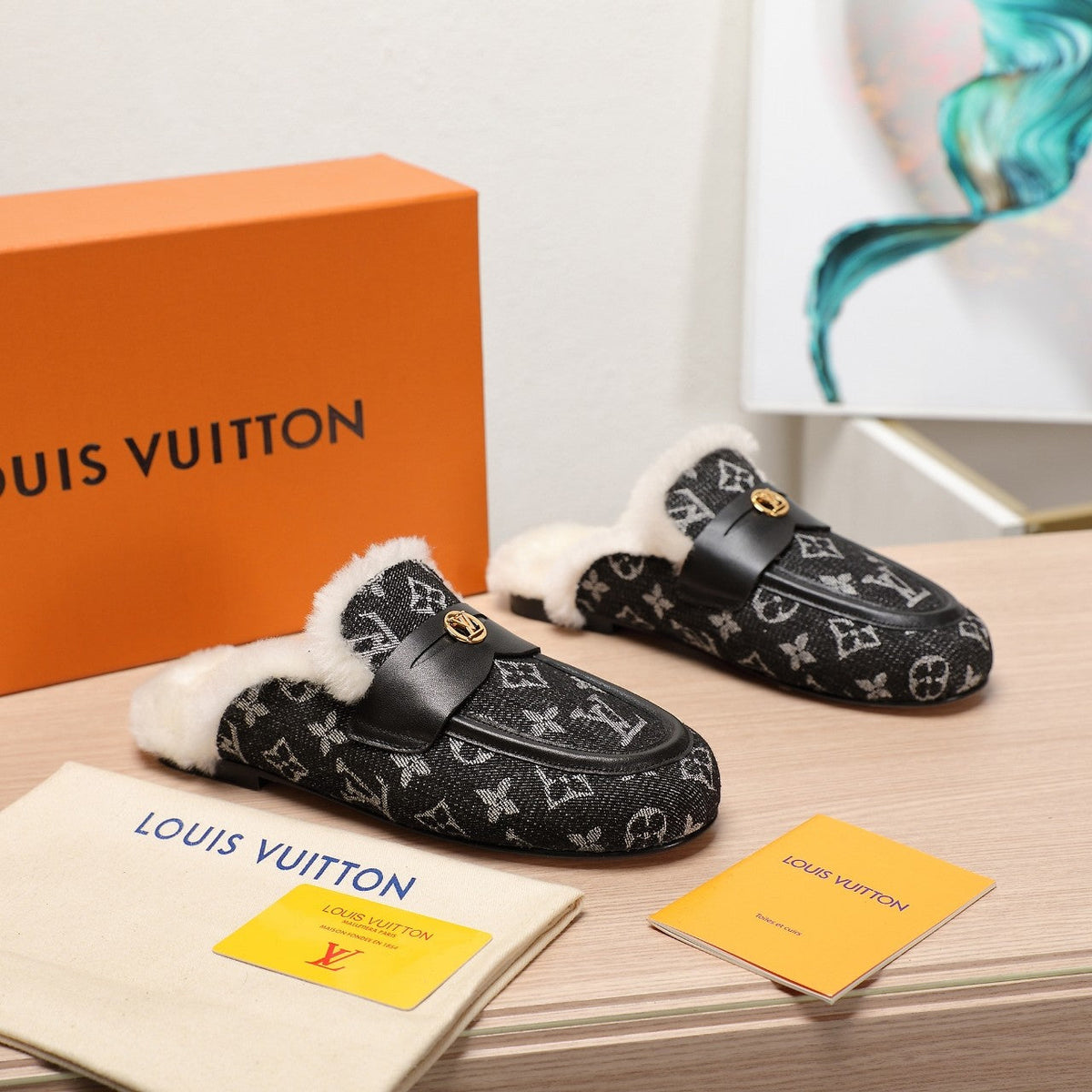 LV 25C Flat Mule Black Monogram Denim Fabric With white fleece 218299