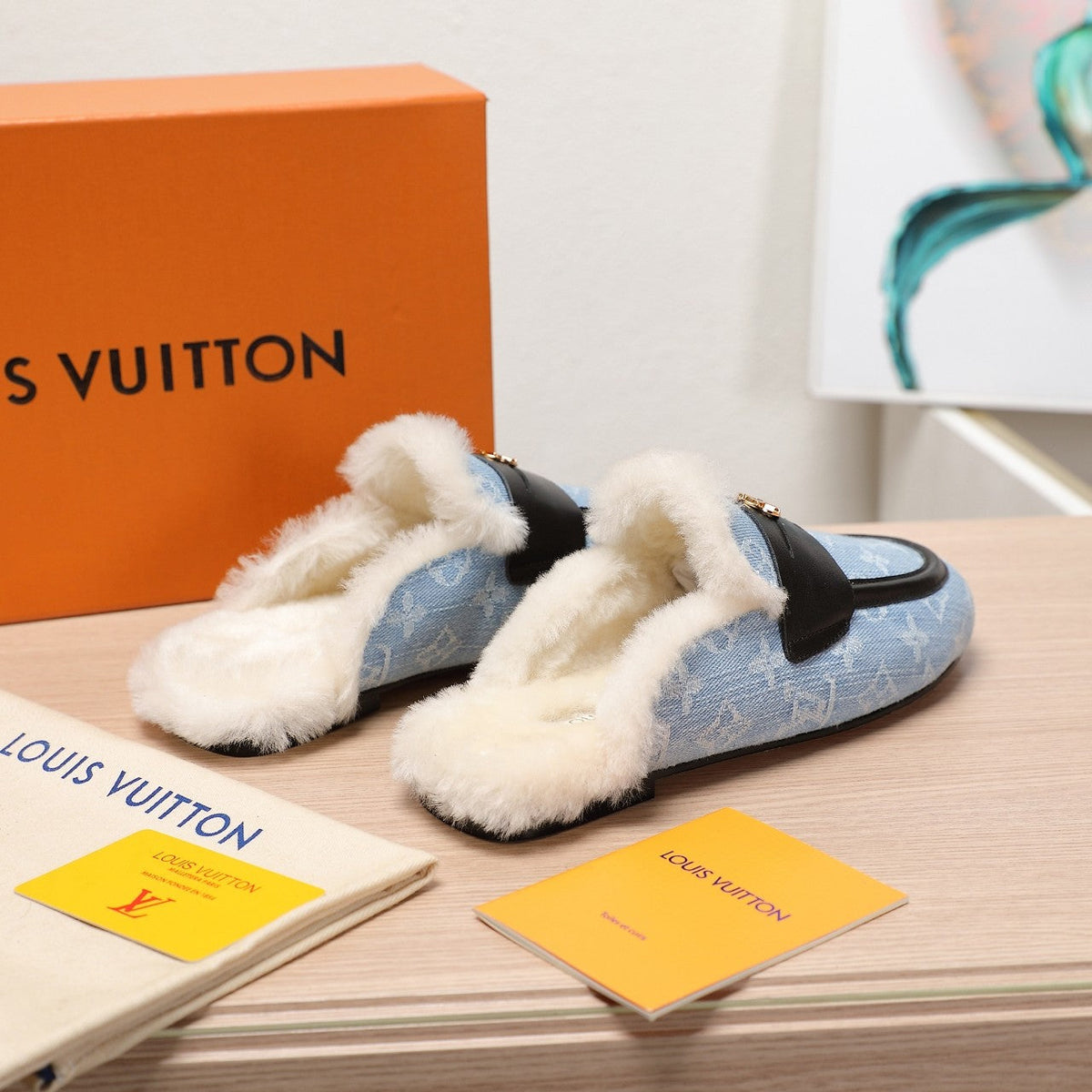 LV 25C Flat Mule Blue Pastel Monogram Denim Fabric With white fleece 218298