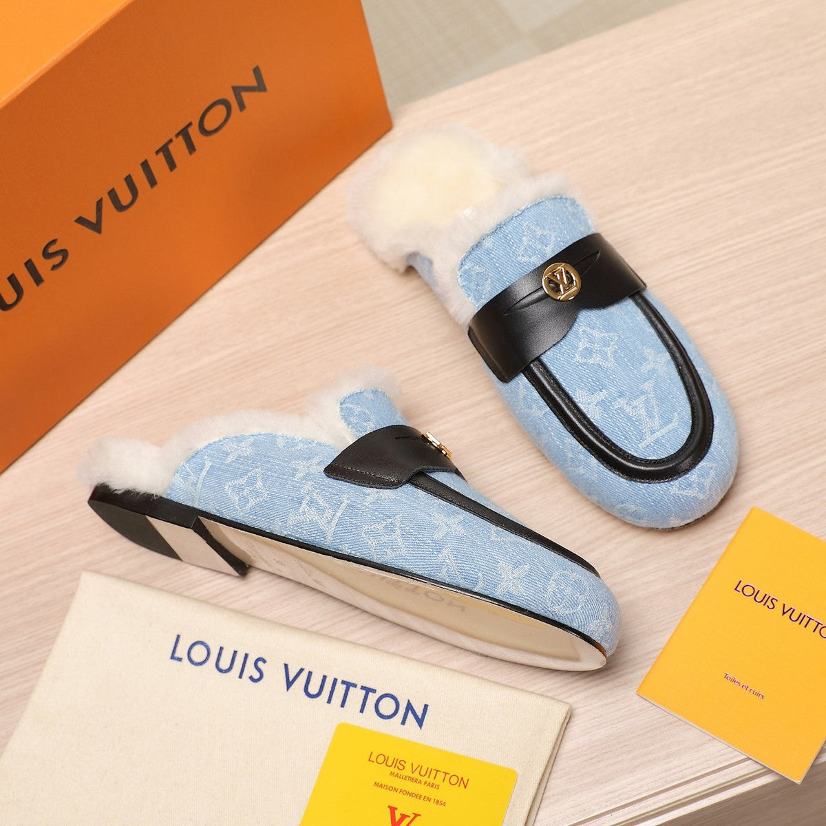 LV 25C Flat Mule Blue Pastel Monogram Denim Fabric With white fleece 218298