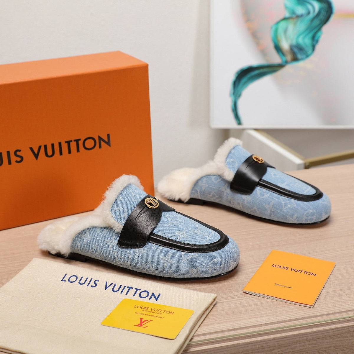 LV 25C Flat Mule Blue Pastel Monogram Denim Fabric With white fleece 218298