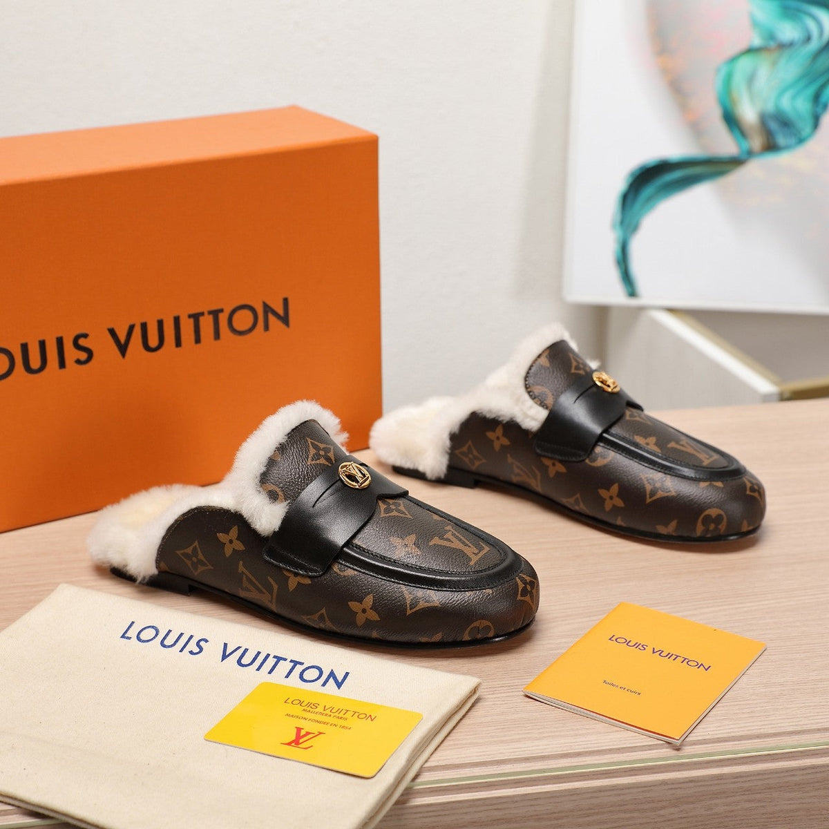 LV 25C Flat Mule Caramel Brown Monogram Cowhide With white fleece 218300