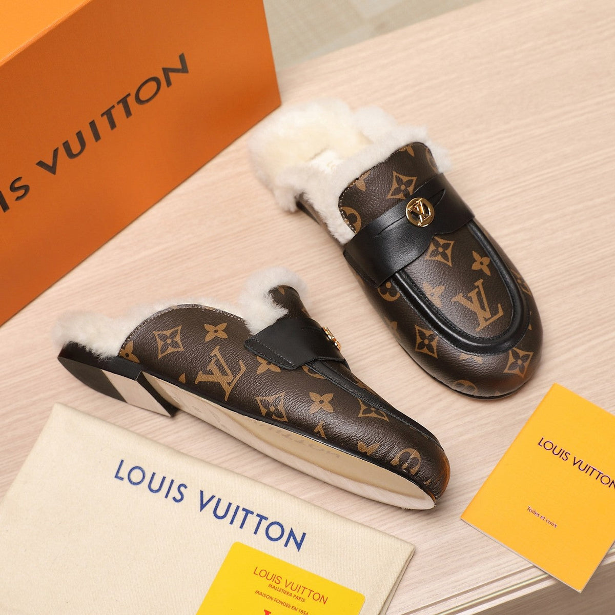 LV 25C Flat Mule Caramel Brown Monogram Cowhide With white fleece 218300