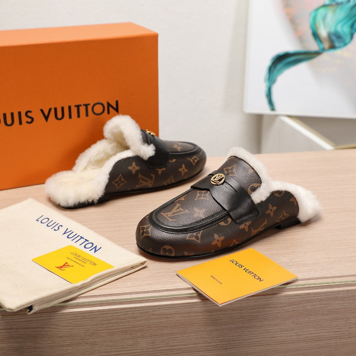 LV 25C Flat Mule Caramel Brown Monogram Cowhide With white fleece 218300