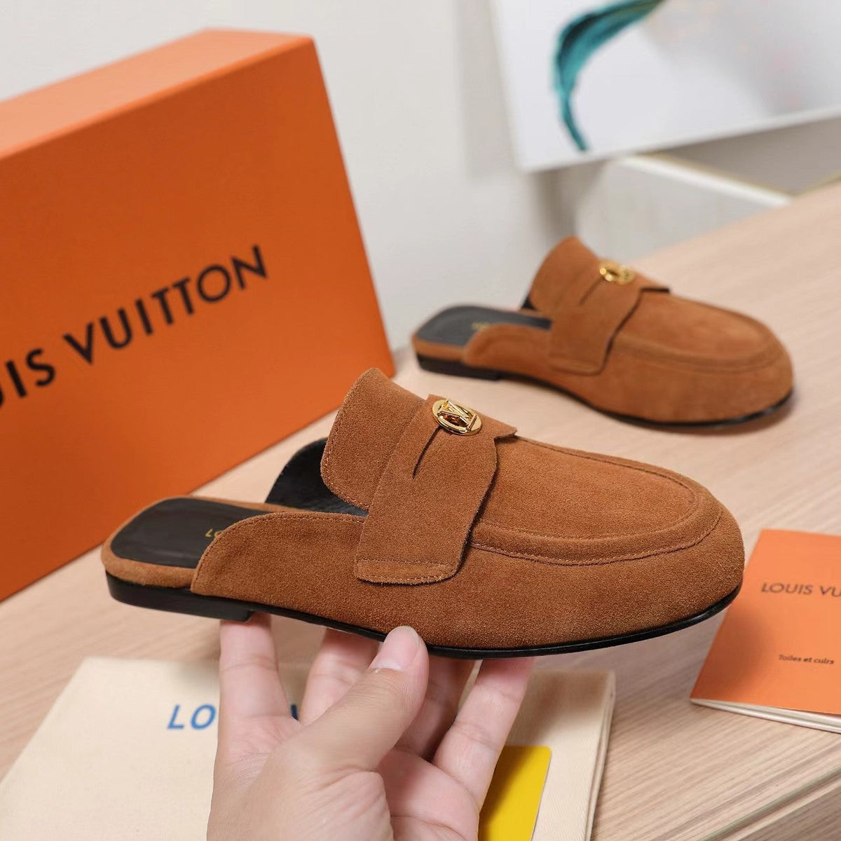 LV 25C Flat Mule Tan Brown Suede 218311
