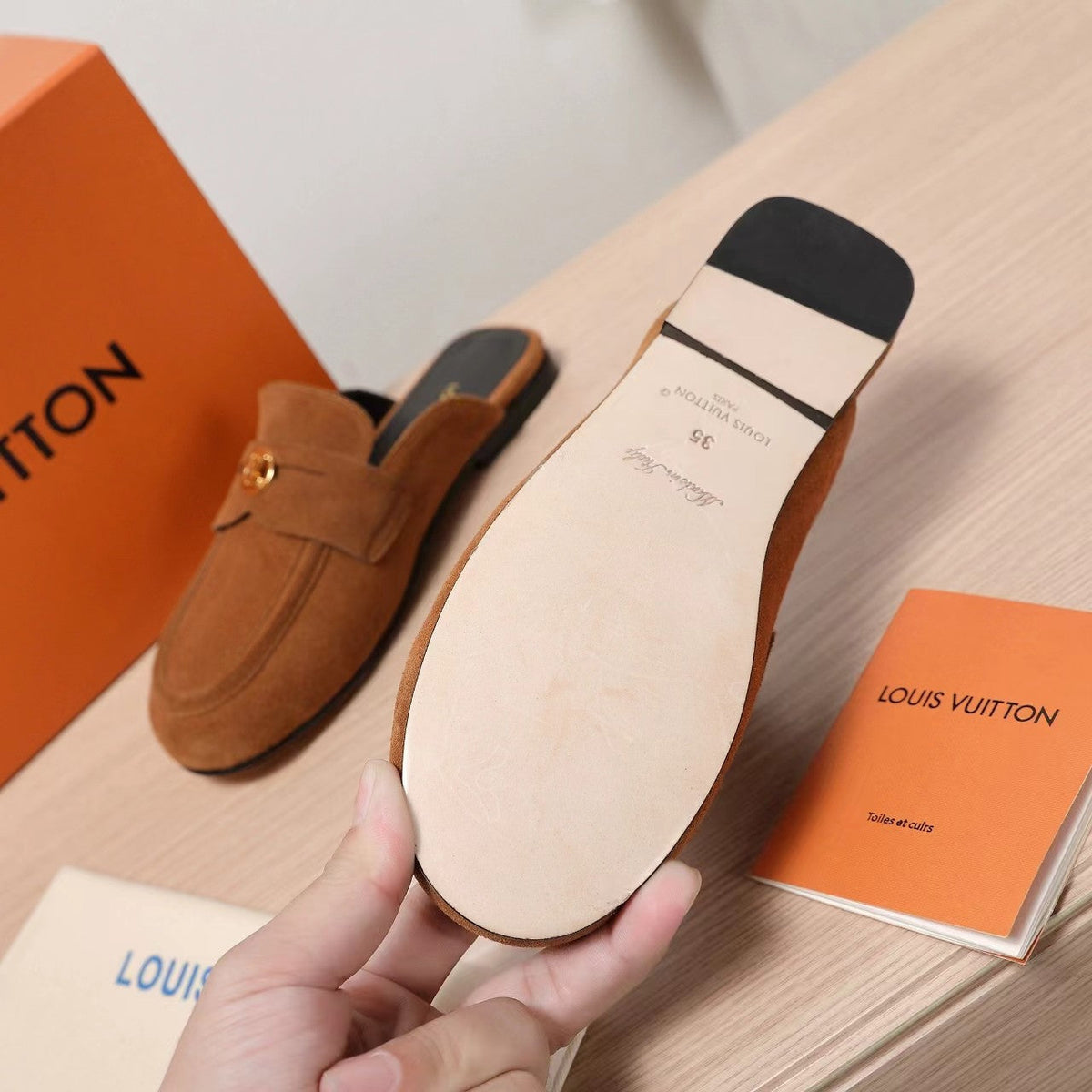 LV 25C Flat Mule Tan Brown Suede 218311