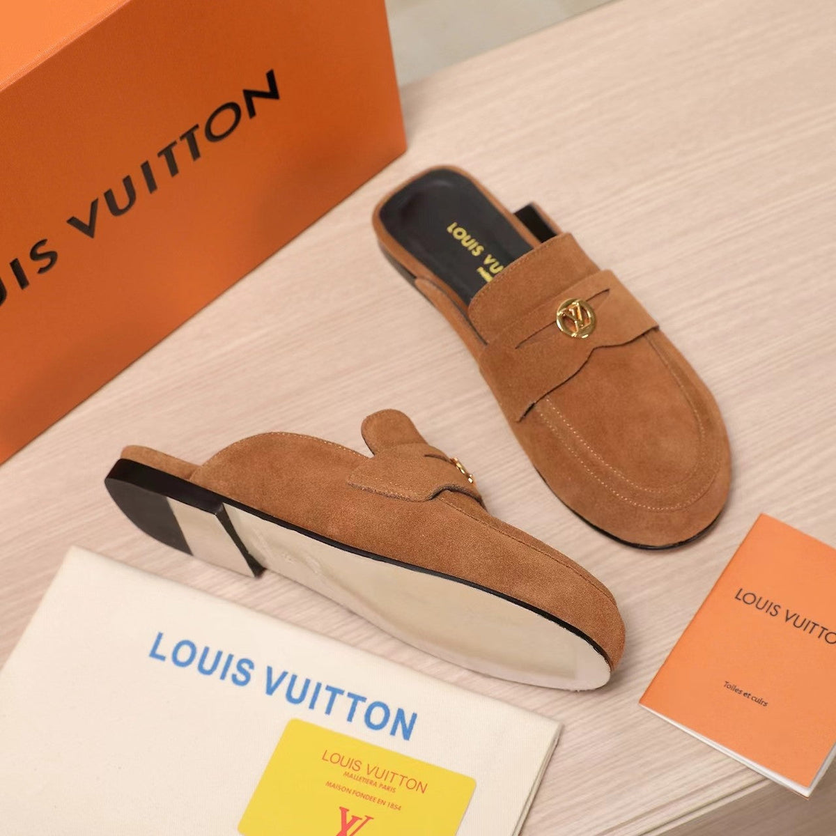 LV 25C Flat Mule Tan Brown Suede 218311