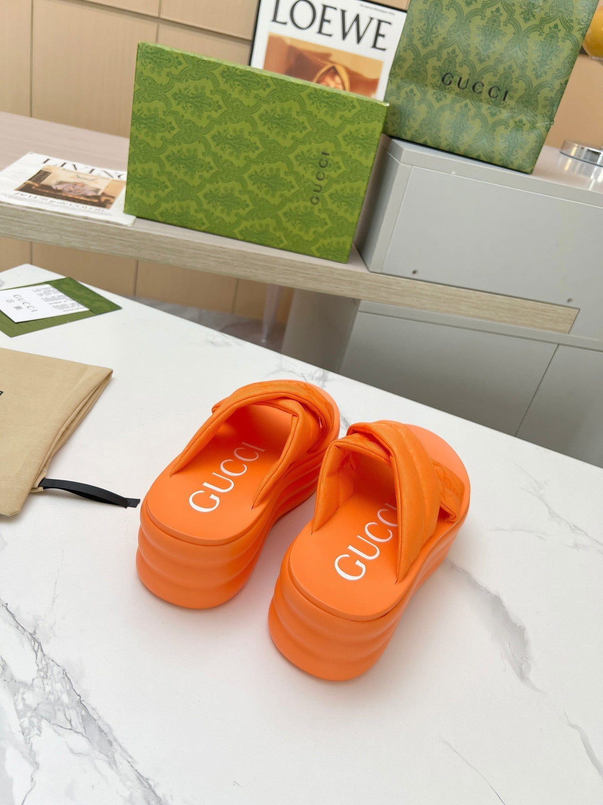 GG waterproof platform slippers orange fabric