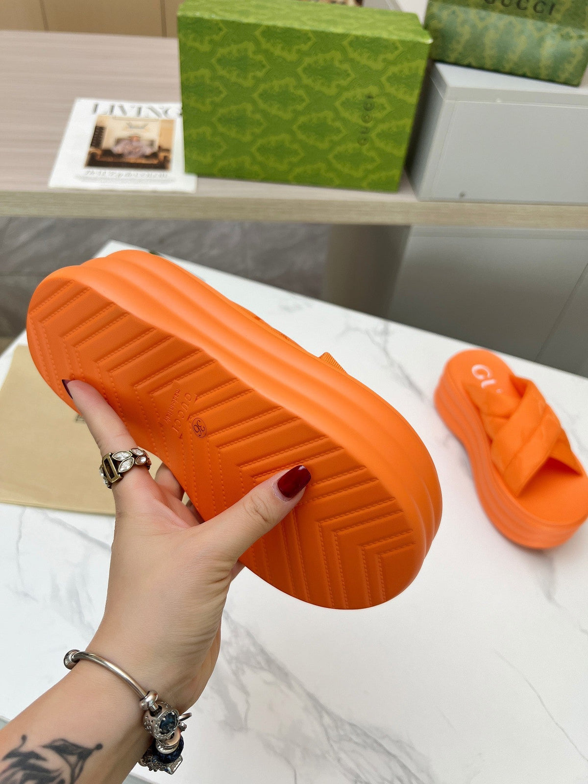 GG waterproof platform slippers orange fabric