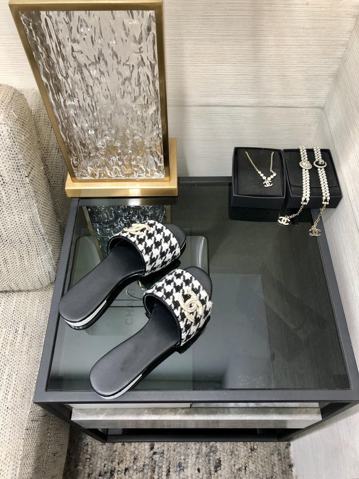 mule sandal black white houndstooth fabric