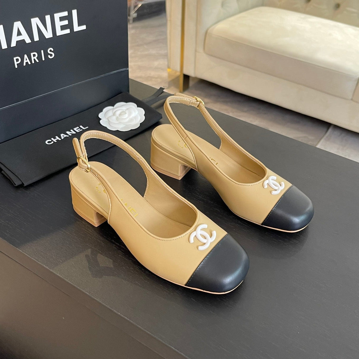 cc slingback 50 beige black calfskin