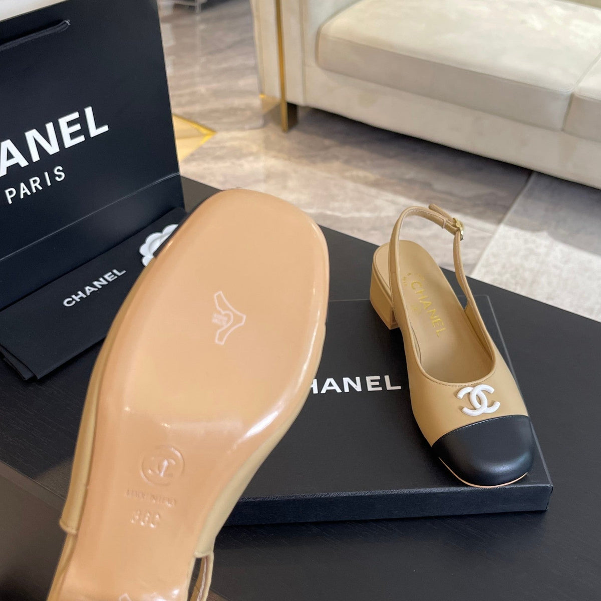 cc slingback 50 beige black calfskin