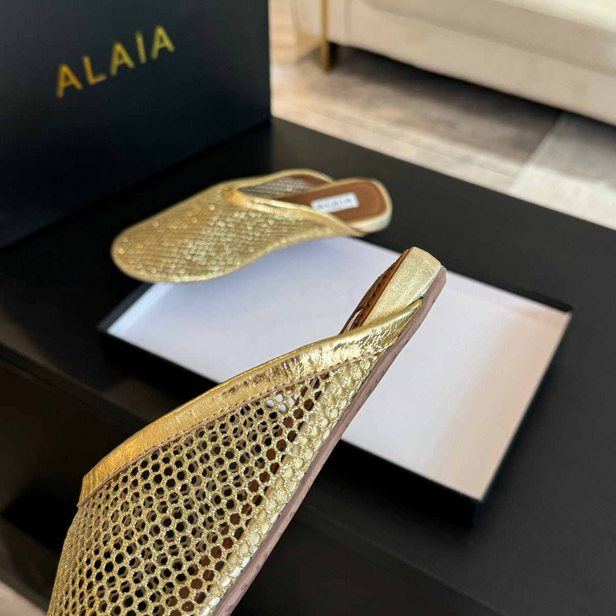 flat mule fishnet gold metalic lambskin