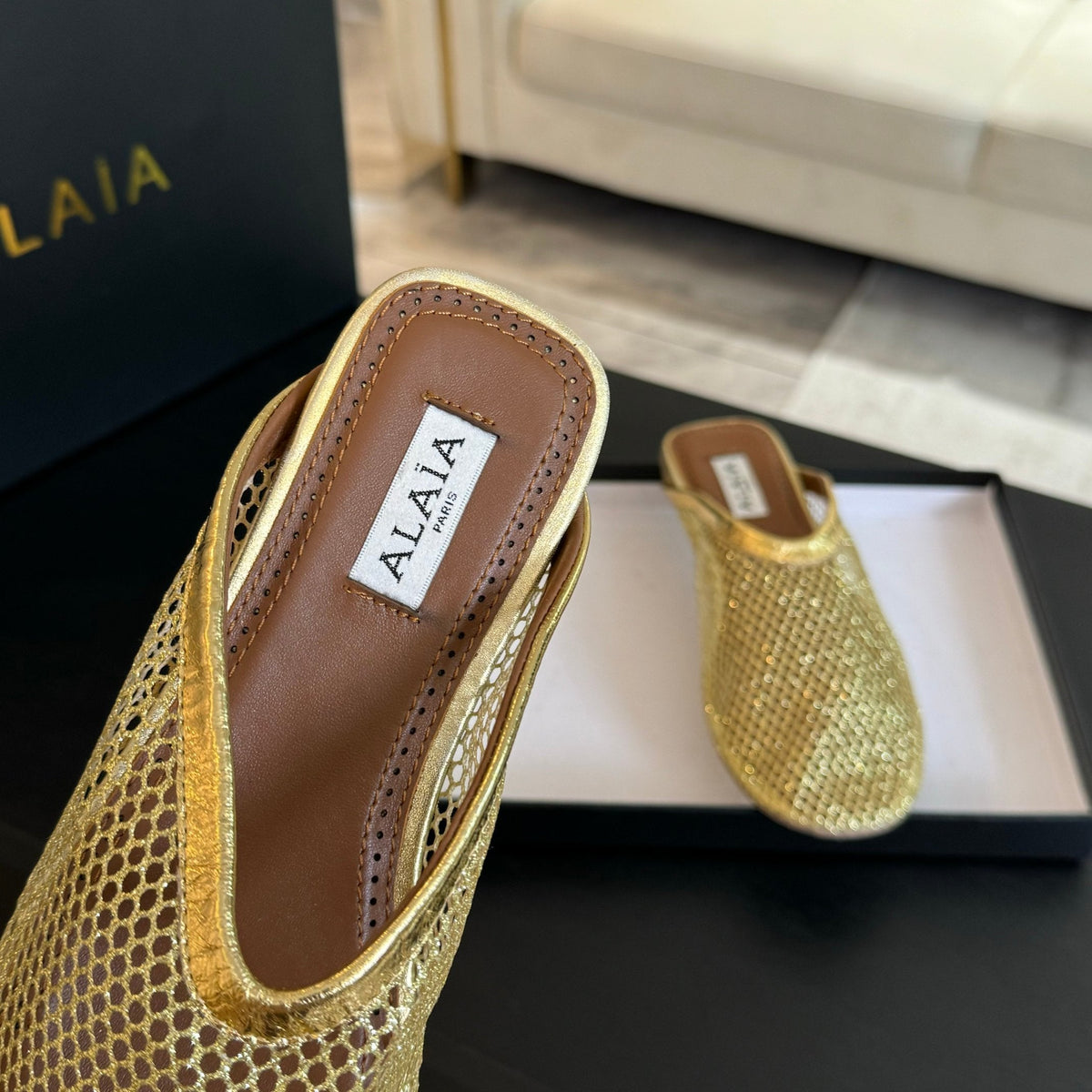 flat mule fishnet gold metalic lambskin