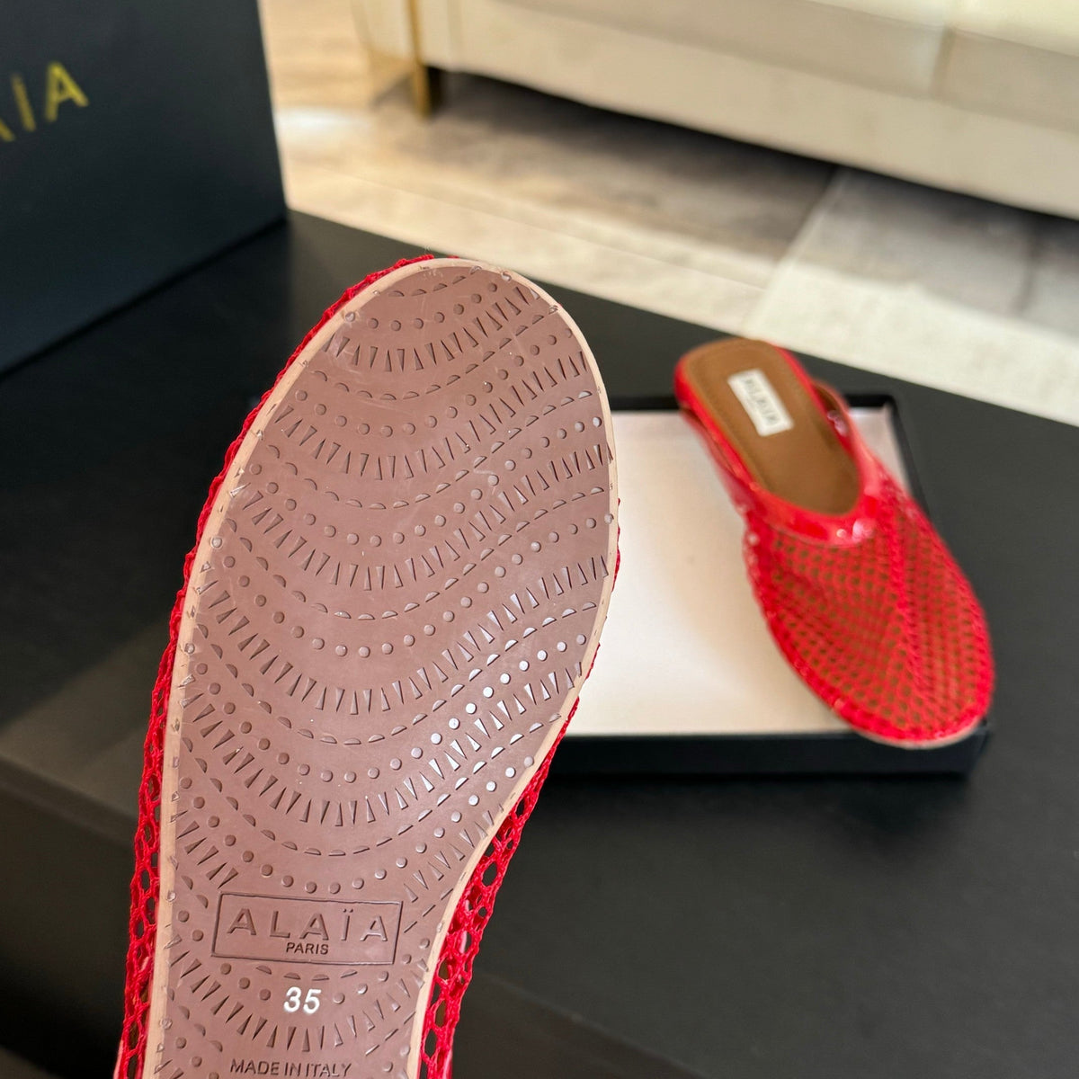 flat mule fishnet red lambskin