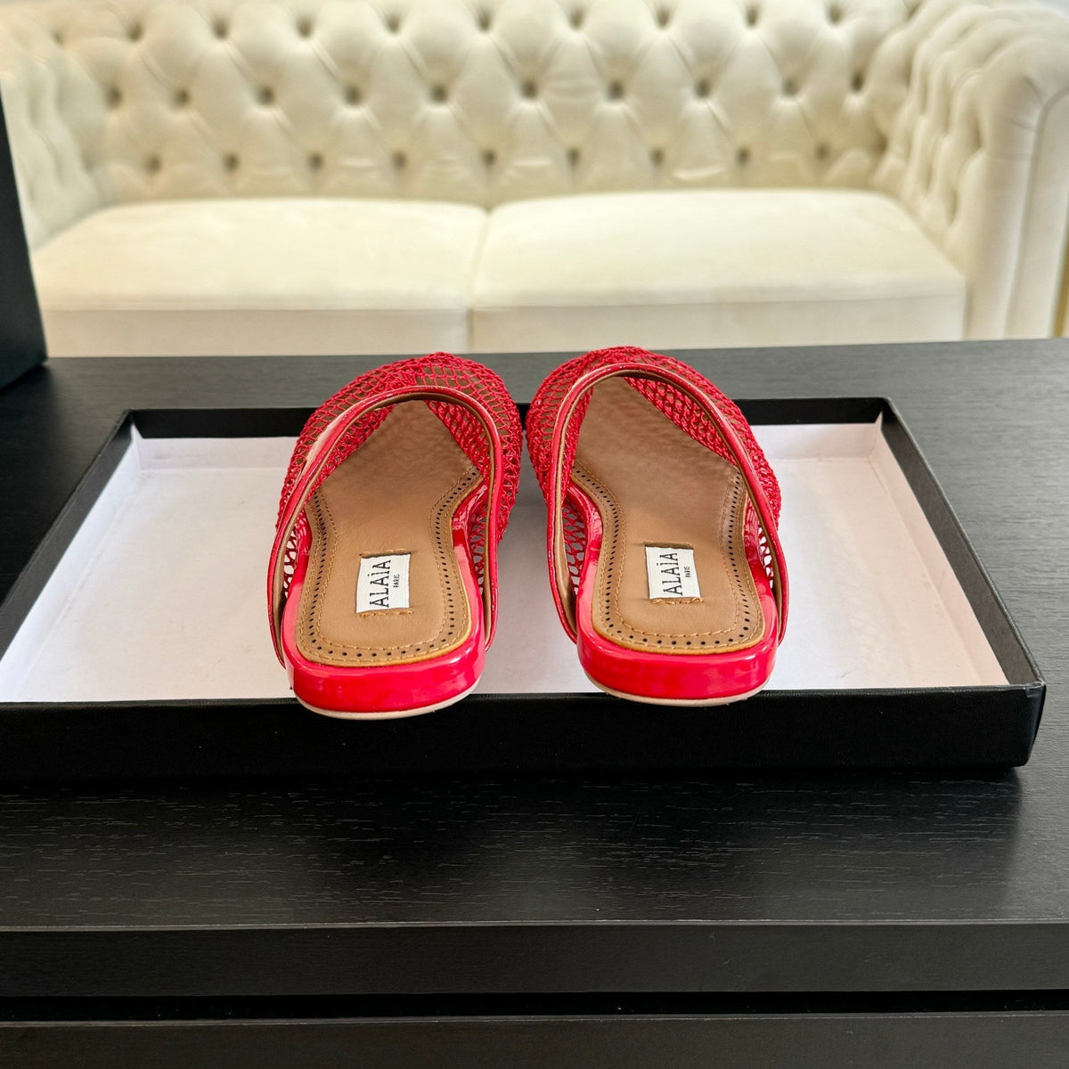flat mule fishnet red lambskin