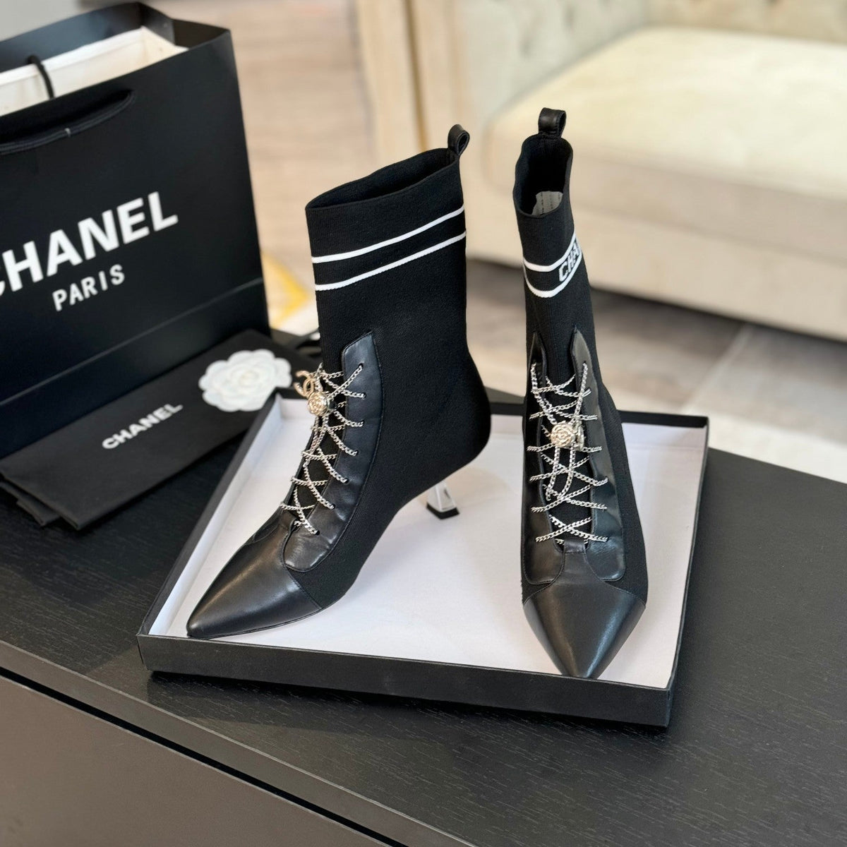CC Ankle Boots Black Chain Wool And Lambskin