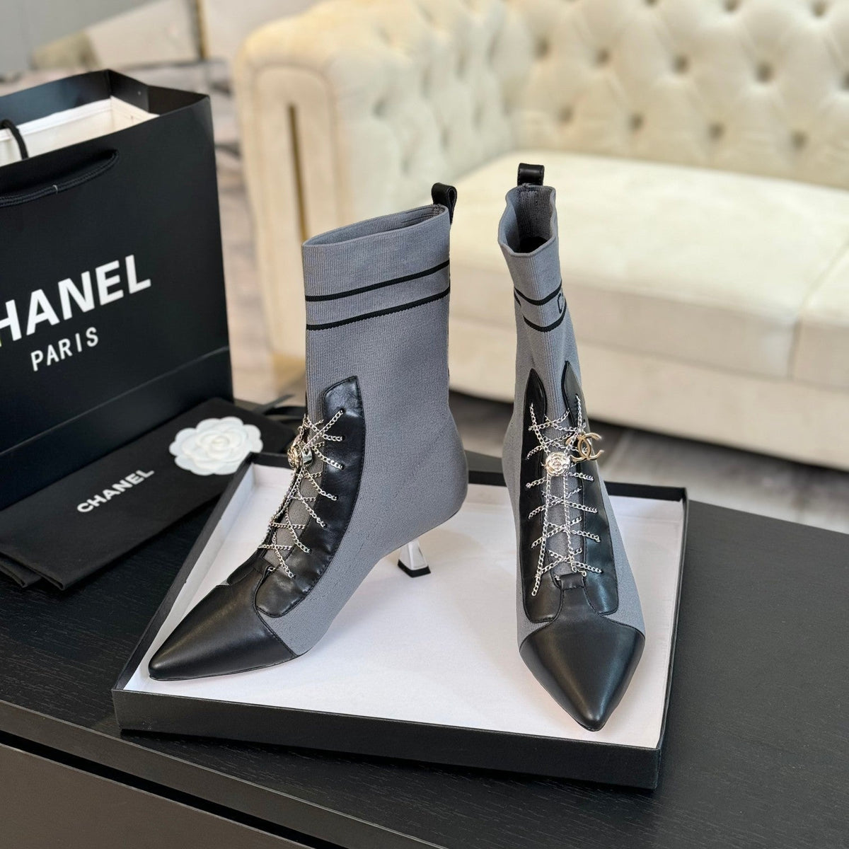 CC Ankle Boots Grey Black Chain Wool And Lambskin