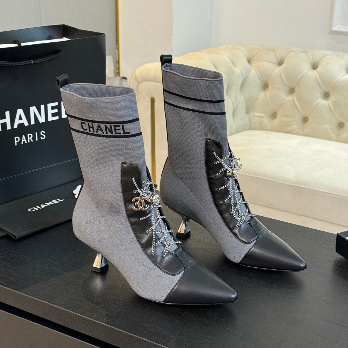 CC Ankle Boots Grey Black Chain Wool And Lambskin