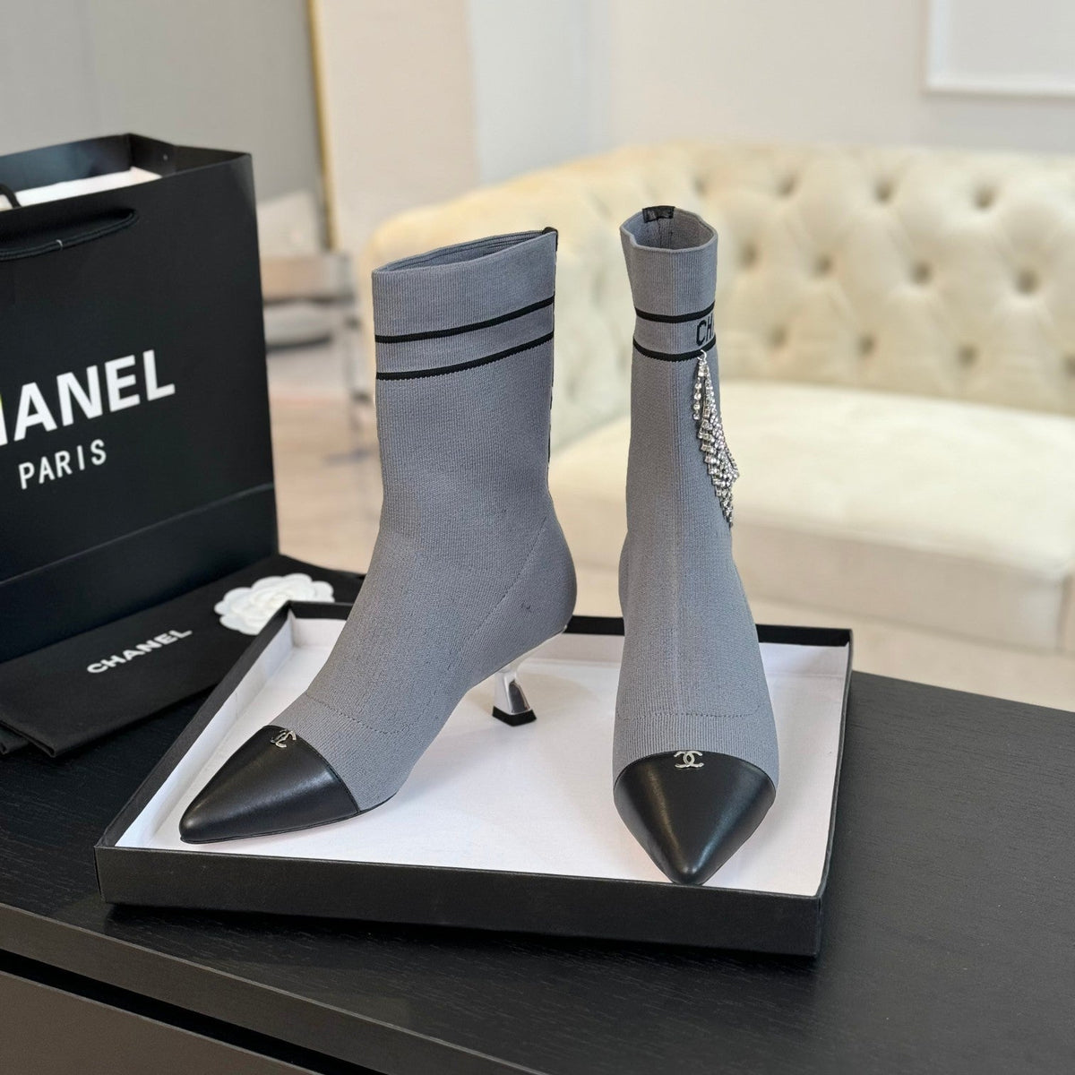 CC Ankle Boots Grey Wool And Lambskin