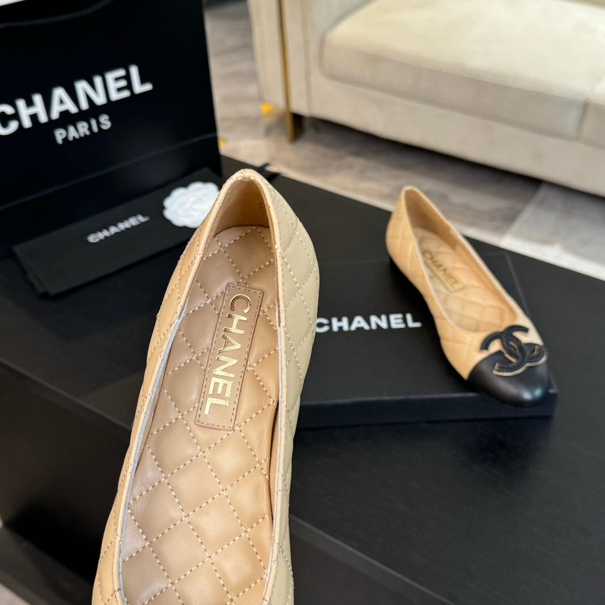 ballet flat beige quilted lambskin large black cc logo