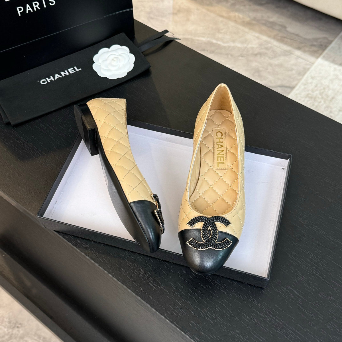 ballet flat beige quilted lambskin large black cc logo