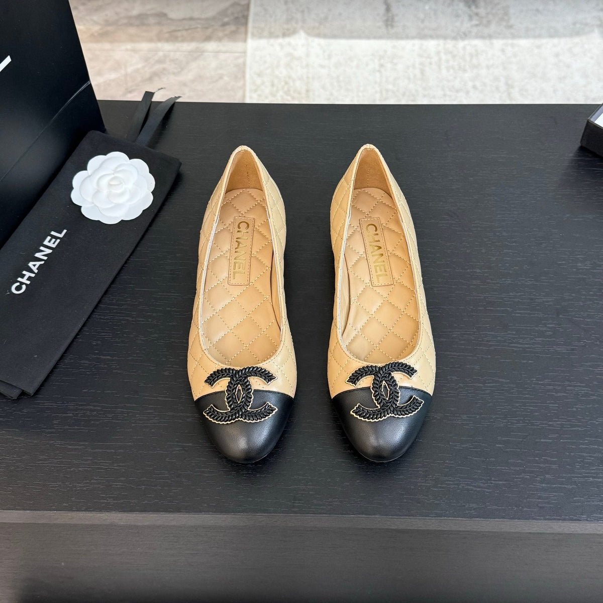 ballet flat beige quilted lambskin large black cc logo