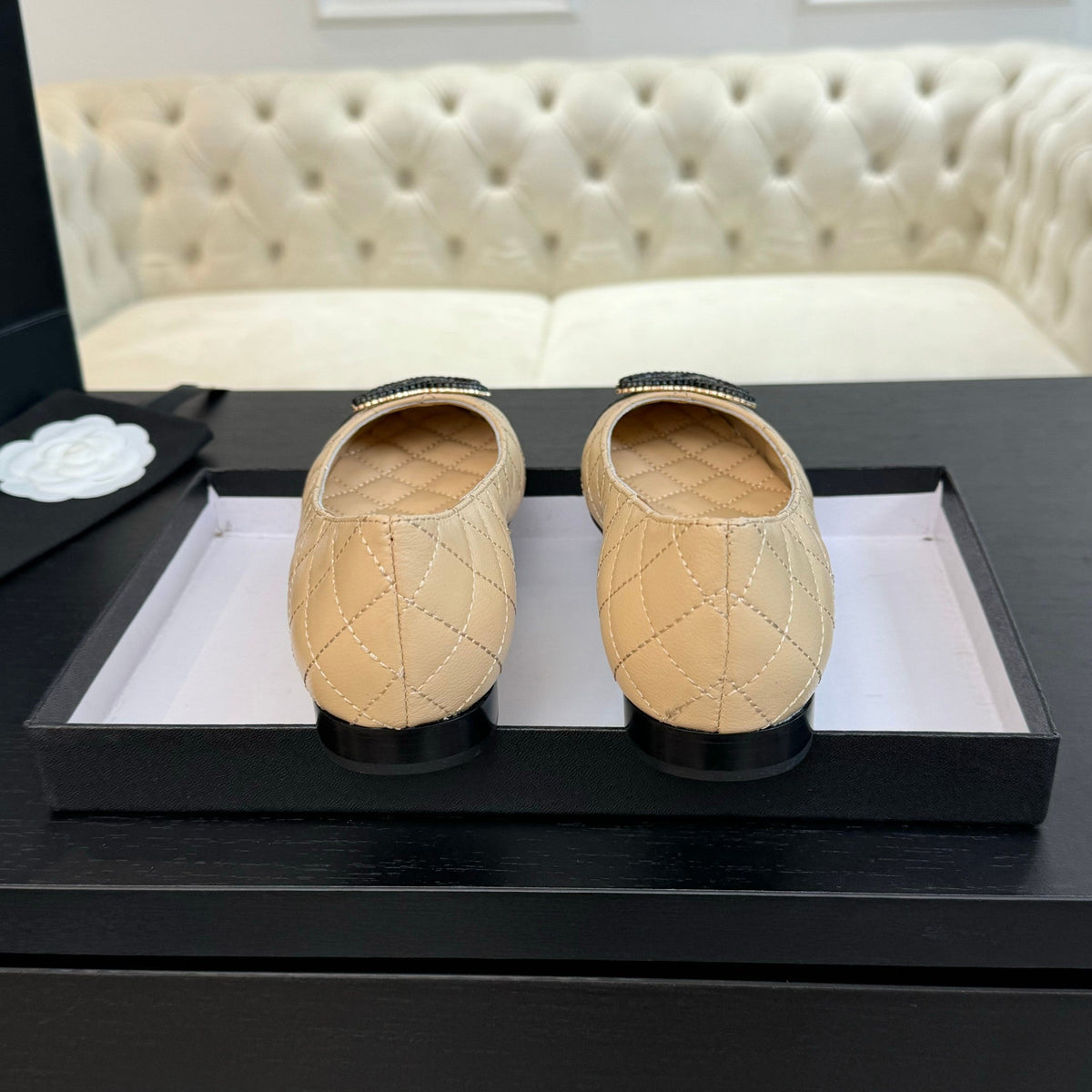 ballet flat beige quilted lambskin large black cc logo