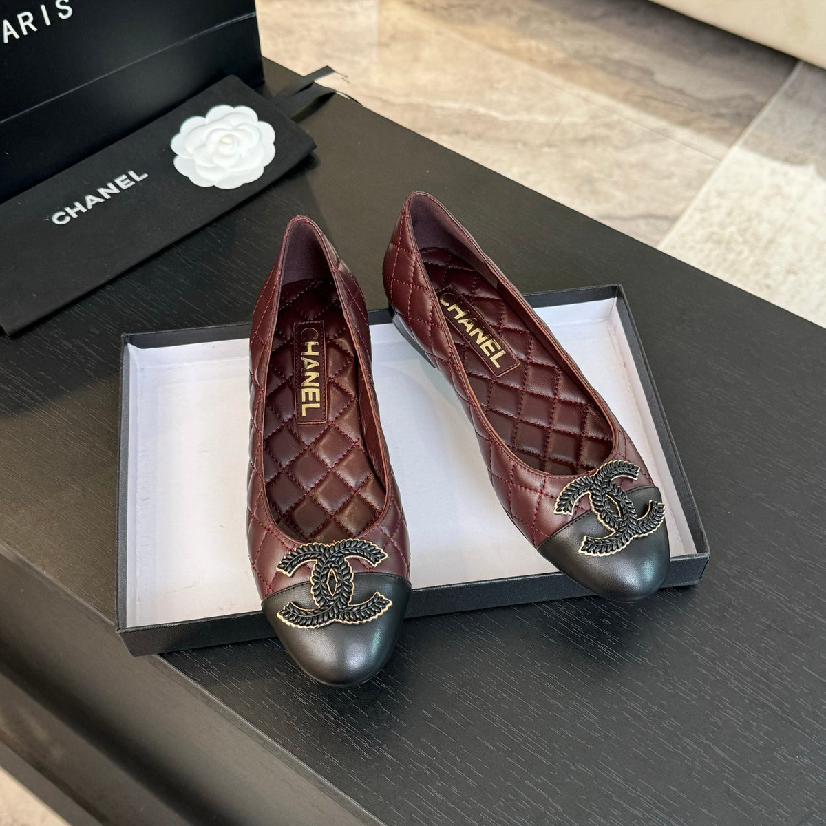 ballet flat burgundy quilted lambskin large black cc logo
