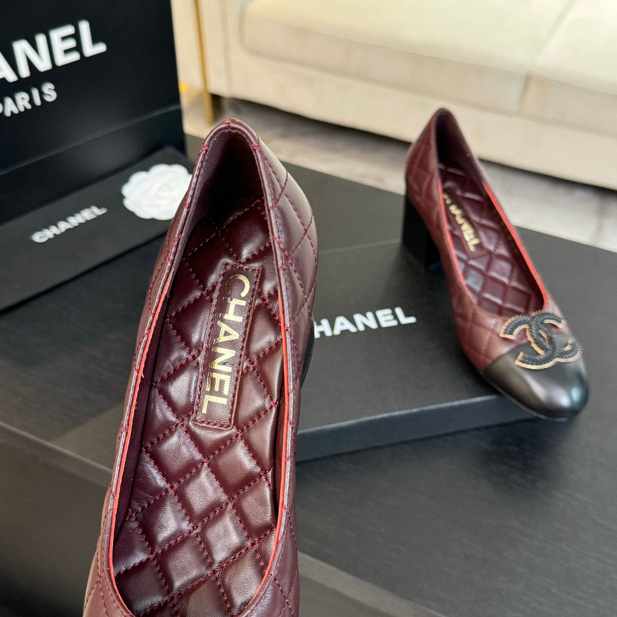 ballet flat with high heel 7cm burgundy black quilted lambskin