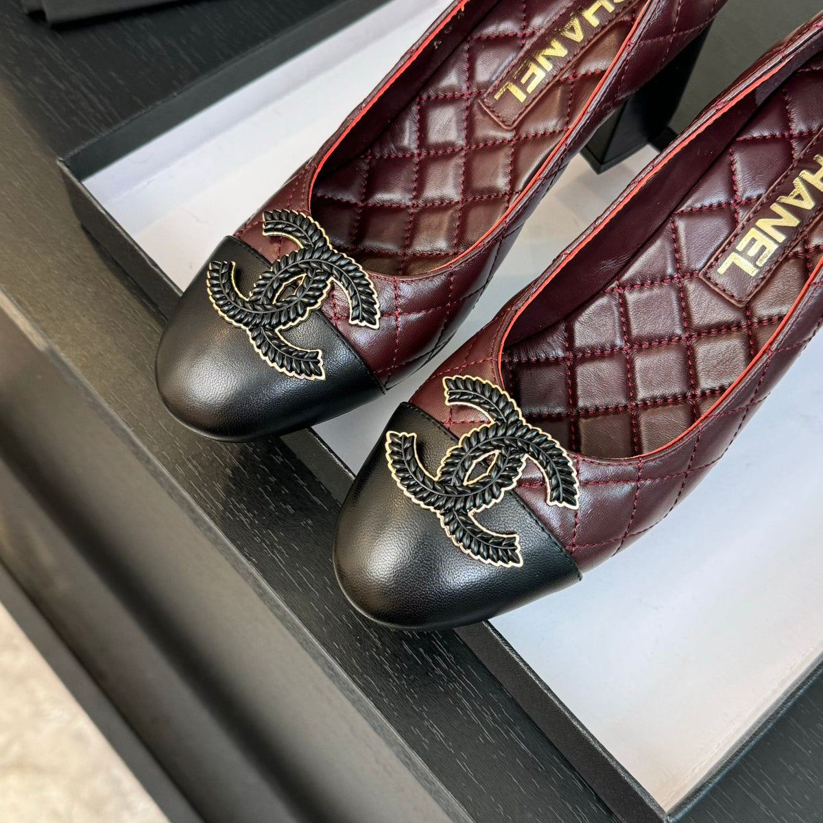 ballet flat with high heel 7cm burgundy black quilted lambskin