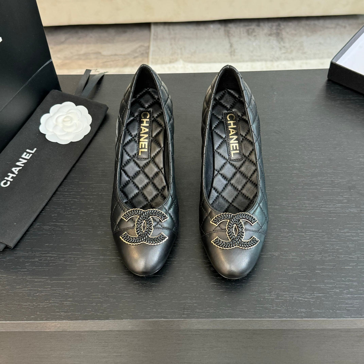 ballet flat with high heel 7cm black quilted lambskin