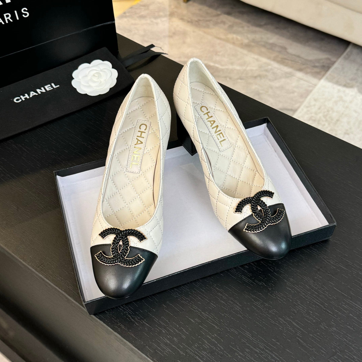 ballet flat with high heel 7cm white black quilted lambskin