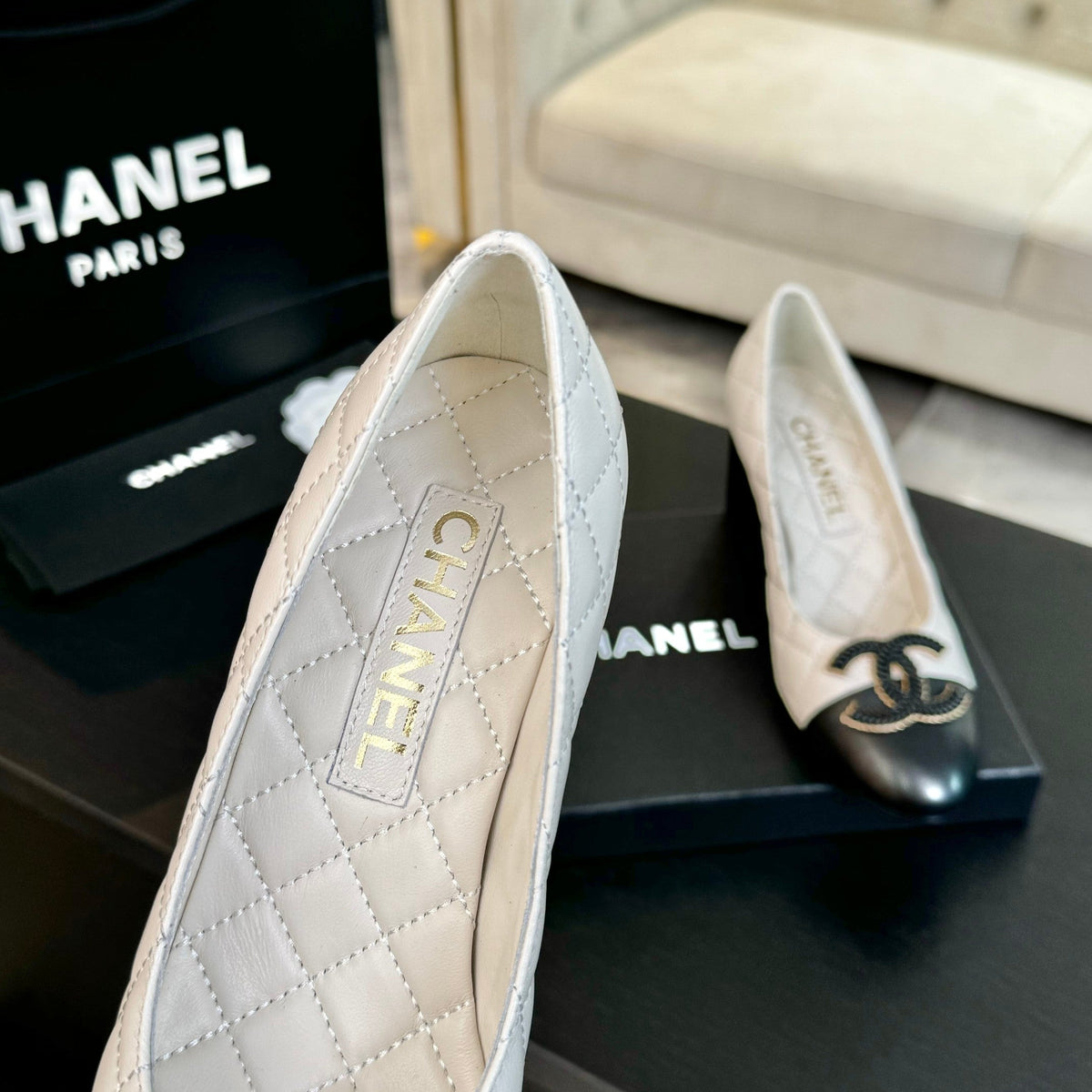 ballet flat with high heel 7cm white black quilted lambskin