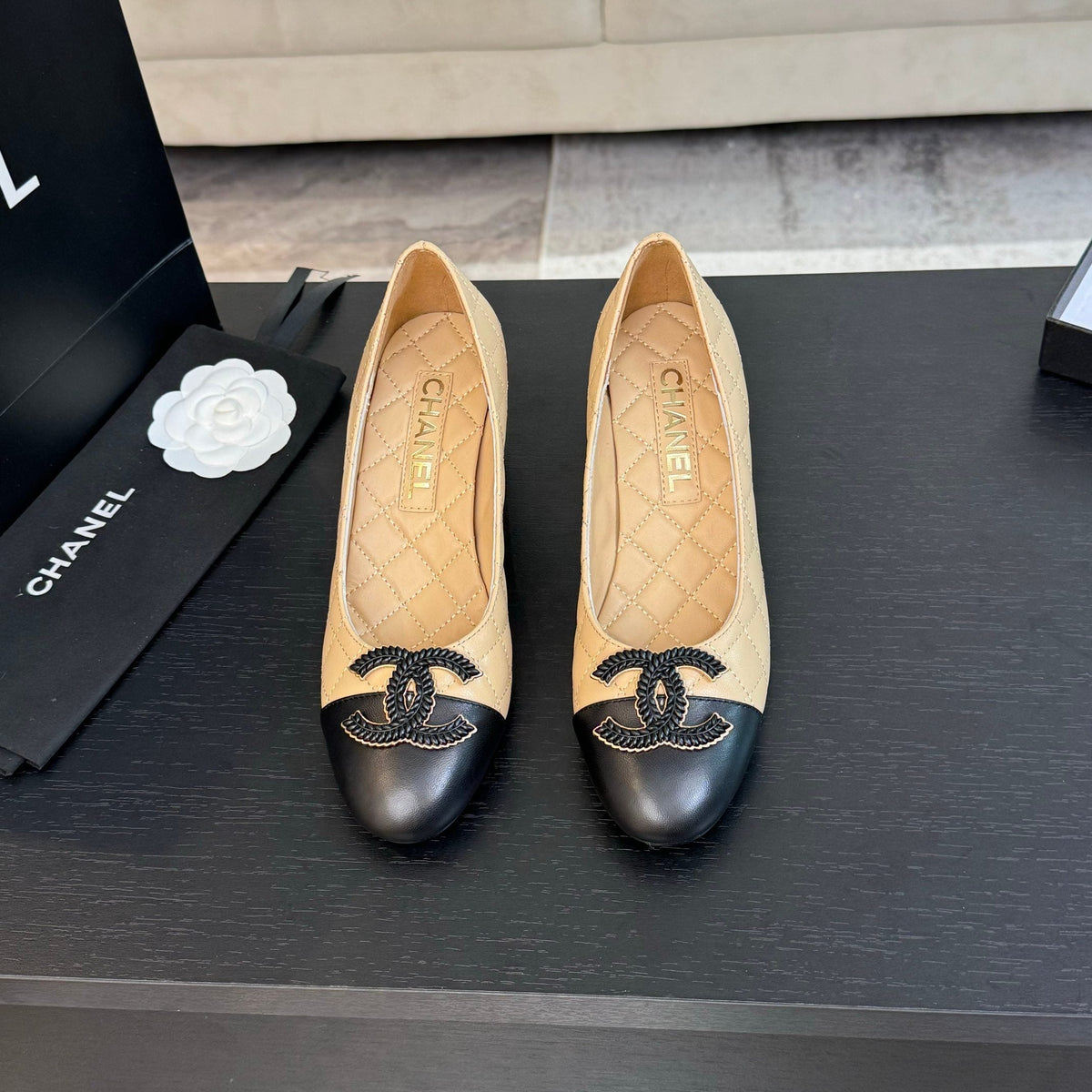 ballet flat with high heel 7cm beige black quilted lambskin