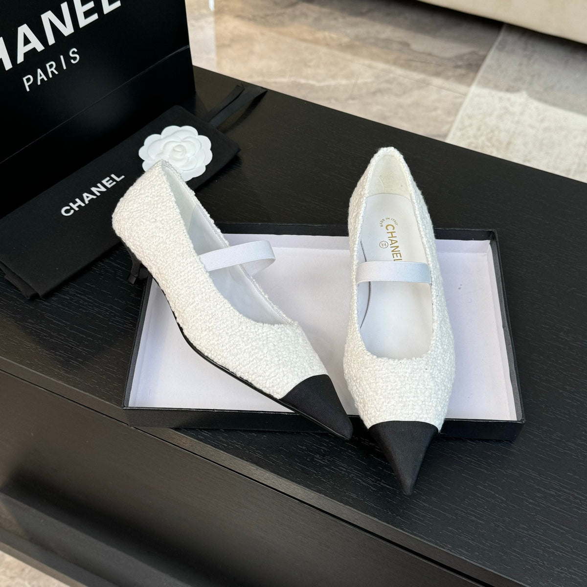 mary jane 35 pointed toe white tweed black grosgrain